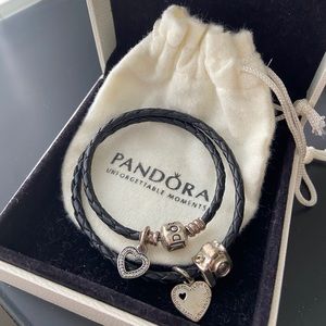 Pandora Double Leather Bracelet 13 inches with 3 charms